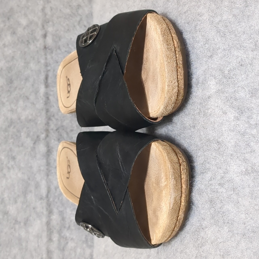 UGG Lyra Cross Cork Wedge Black Leather Sandals Size 8 - Picture 4 of 11
